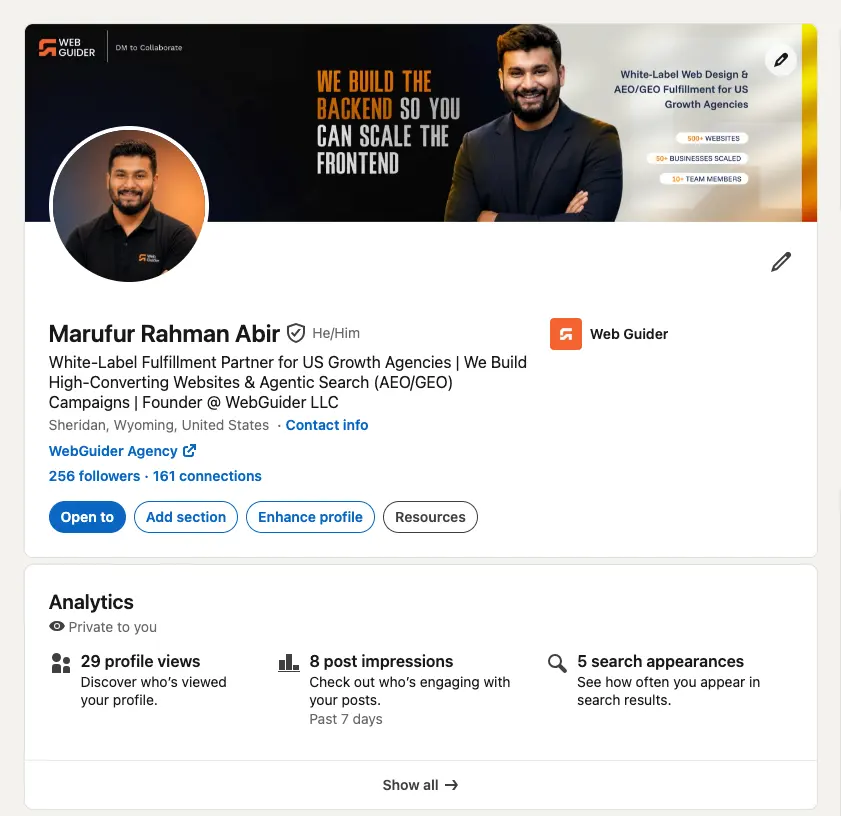 Marufur Rahman Abir's LinkedIn profile after the rebuild