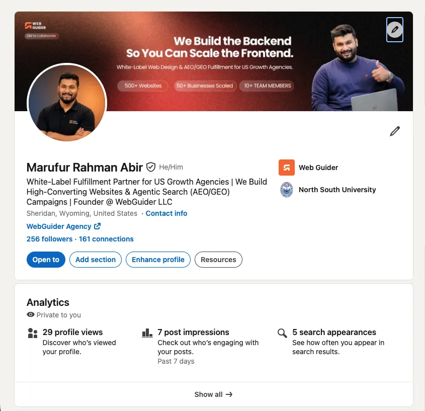 Marufur Rahman Abir's LinkedIn profile before the rebuild