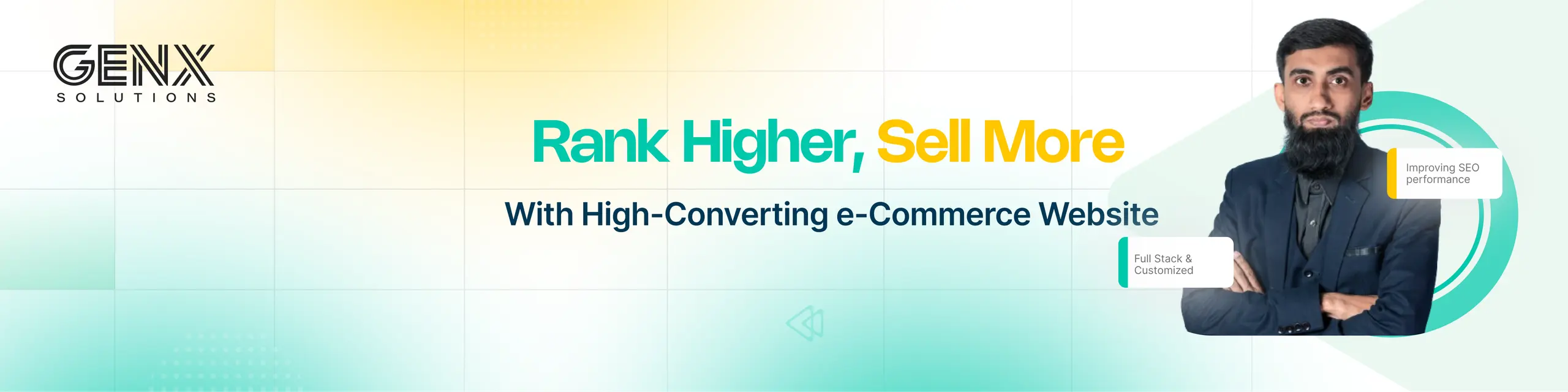 Sabbir Hassan's LinkedIn banner: rank higher, sell more with high-converting e-commerce websites