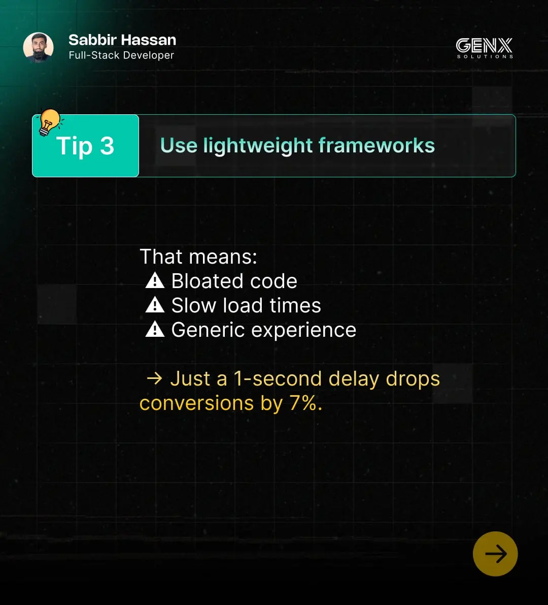 GenXSolution carousel, slide 5: Tip 3: use lightweight frameworks