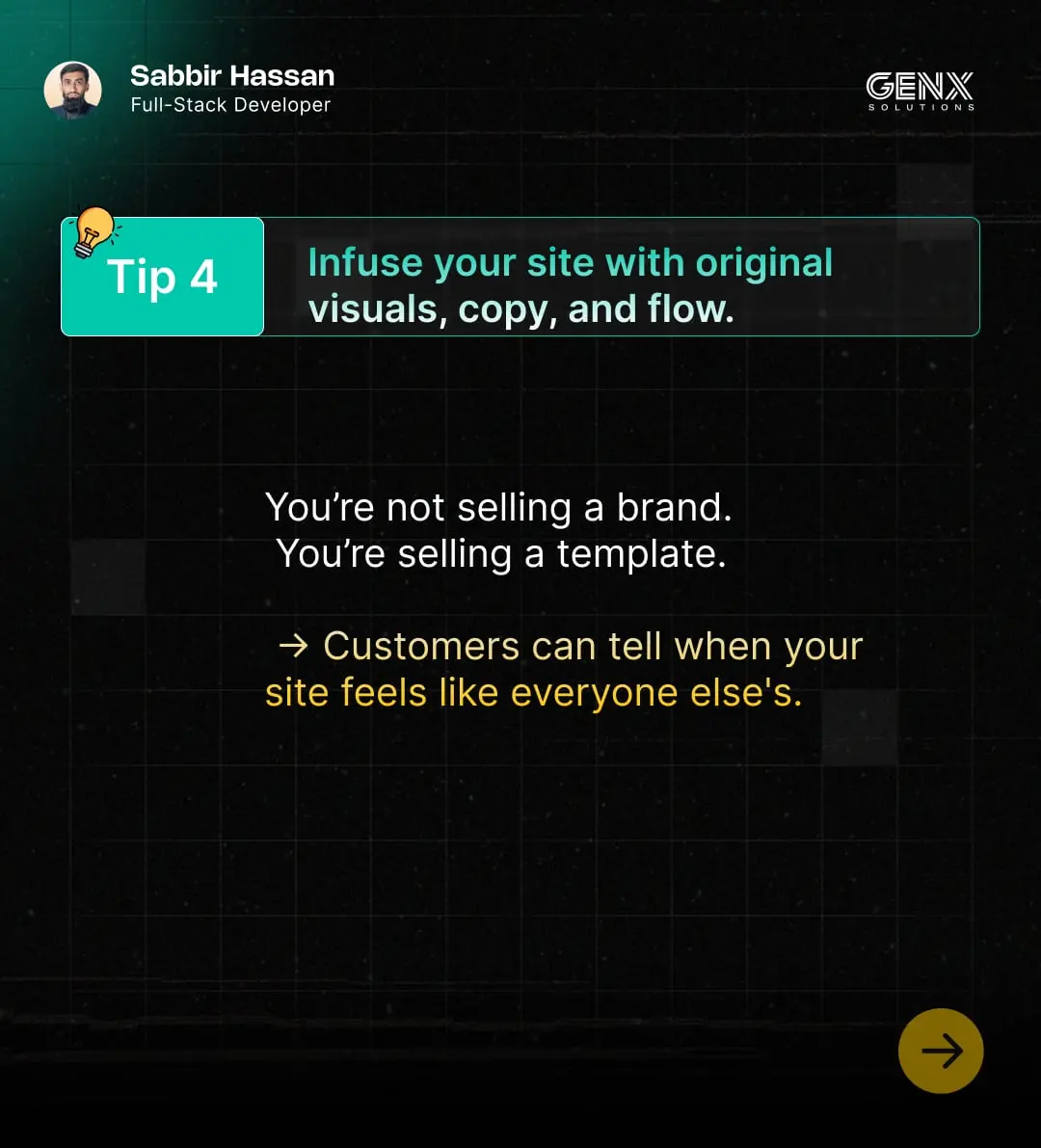 GenXSolution carousel, slide 6: Tip 4: infuse your site with original visuals, copy and flow