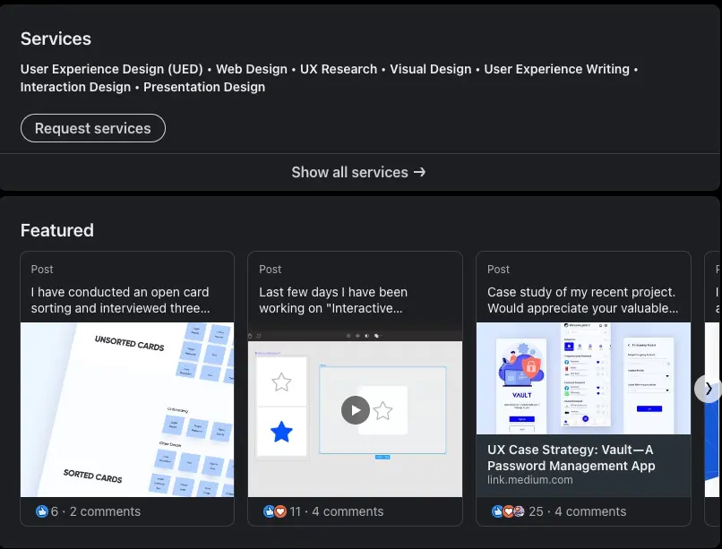 Zakera Wadud's completed Services section on LinkedIn