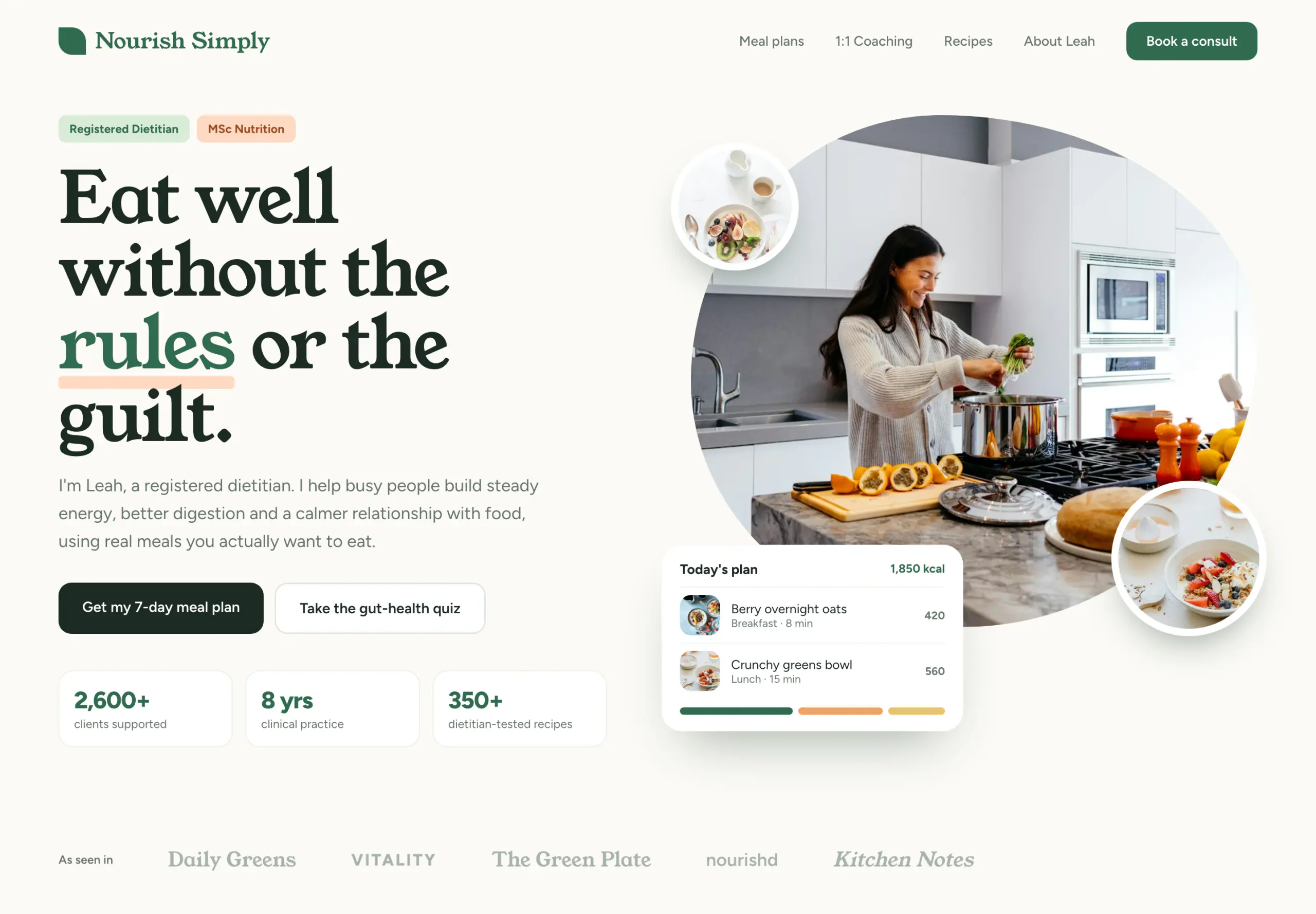 Nourish Simply landing page concept, full page