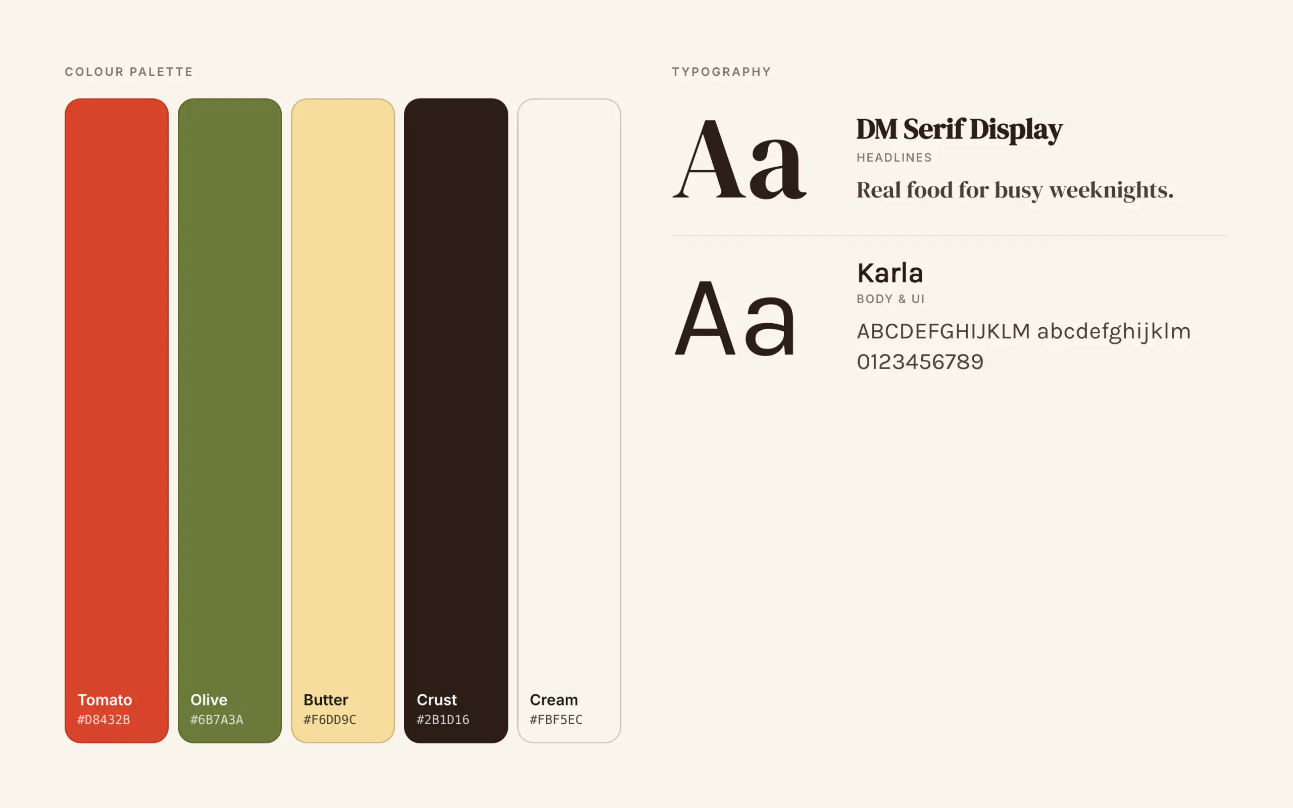 Salt & Crumb: colour palette and typography