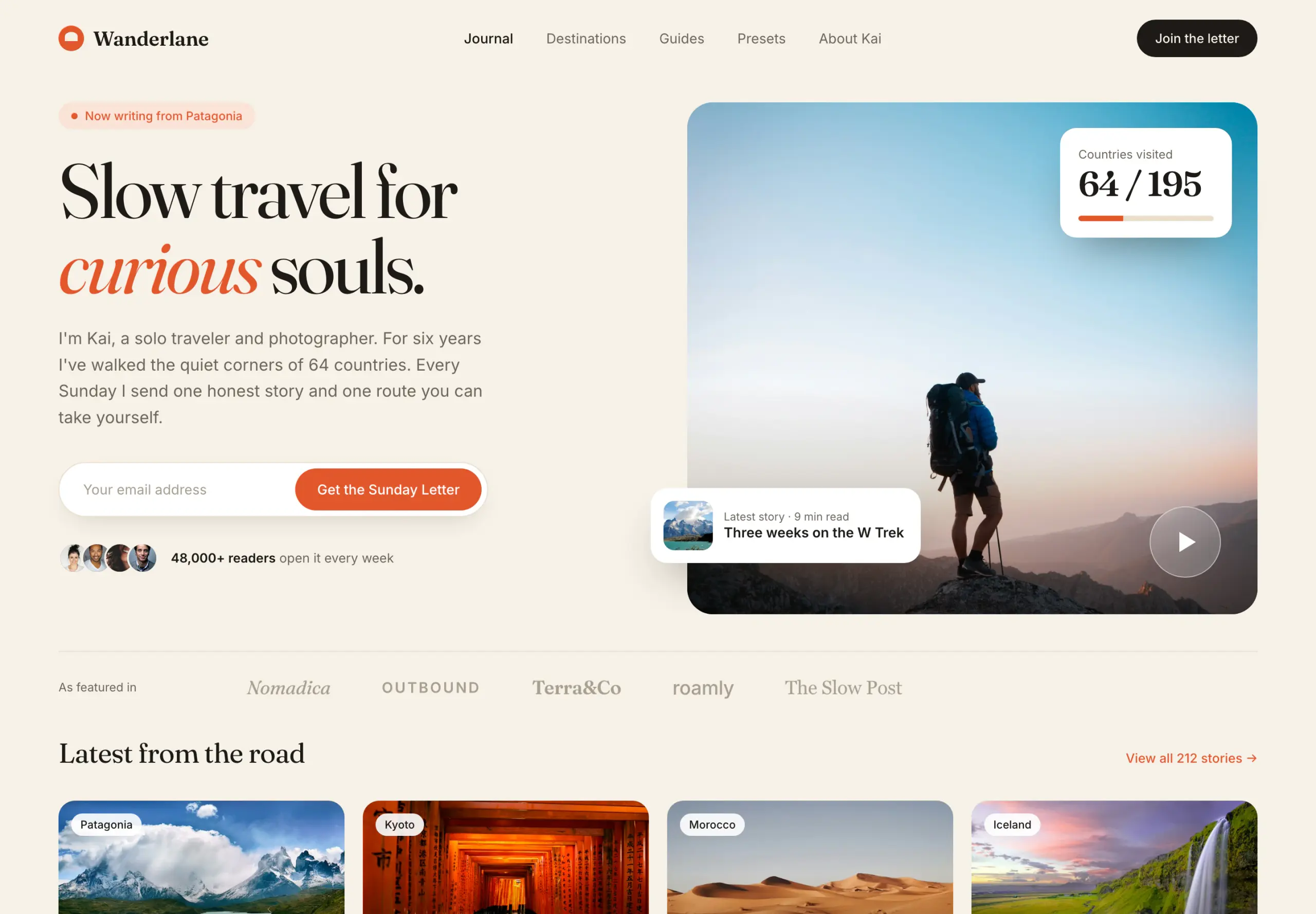 Wanderlane landing page concept, full page