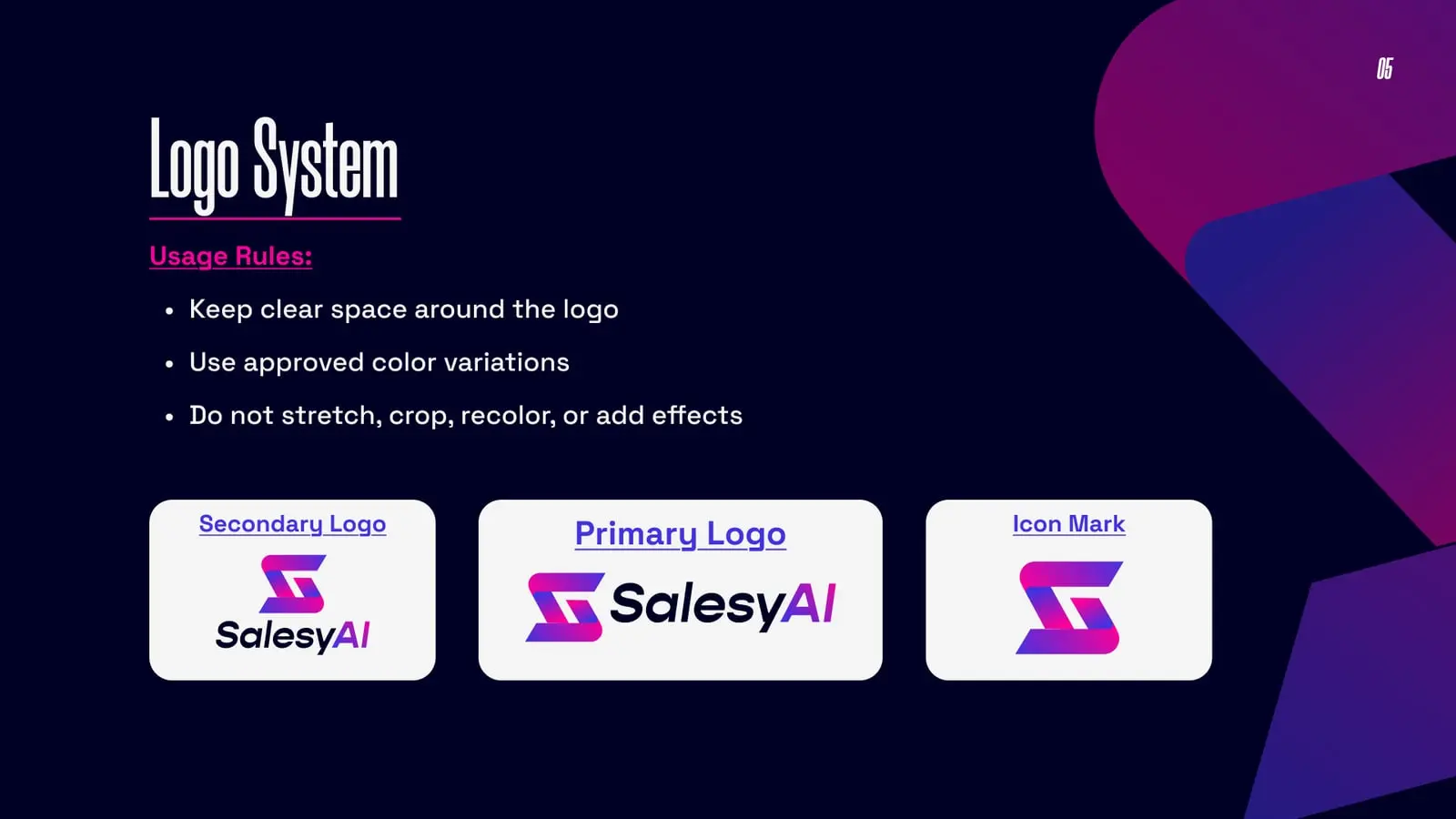 Salesy AI brand guideline, page 5: Logo system