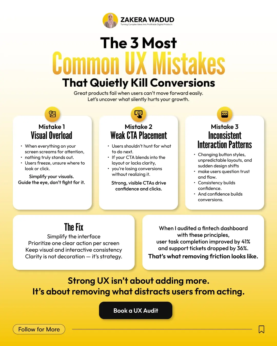 Zakera Wadud post: 3 common UX mistakes